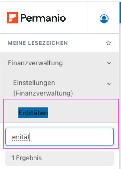 Screenshot des Menüs mit "Entität" in Suchleiste.