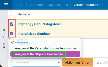 Screenshot der Übersicht der Veranstaltungsarten mit ausgeklappten Massenaktionen.