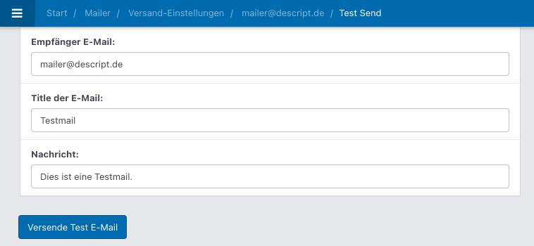 Screenshot aus der Software: geöffnete Einstellungen für einen Test-Versand.