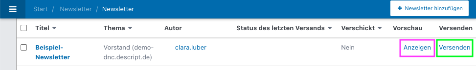Screenshot aus der Software: geöffnete Newsletterübersicht.