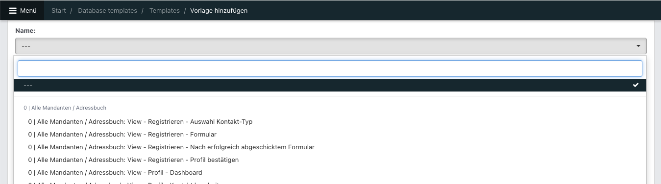 Screenshot aus Noahworks, zu sehen das Dropdown für die Auswahl eines DB-Templates.