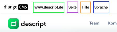 Screenshot der rechten Seite der CMS-Steuerleiste mit Logo, Domain, Seite, Hilfe und Sprache.