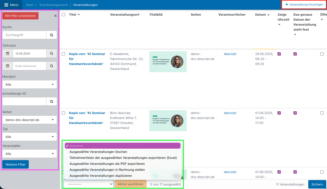 Beispielseite mit Filterleiste und Massenaktionen links und Button "hinzufügen".