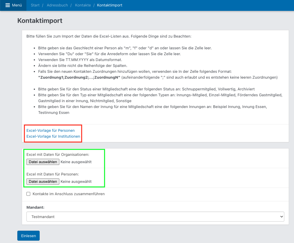 Screenshot aus der Software: geöffnete Kontaktimport.