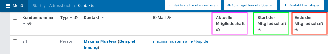 Screenshot der neuen Spalten zur Mitgliedschaft im Adressbuch.