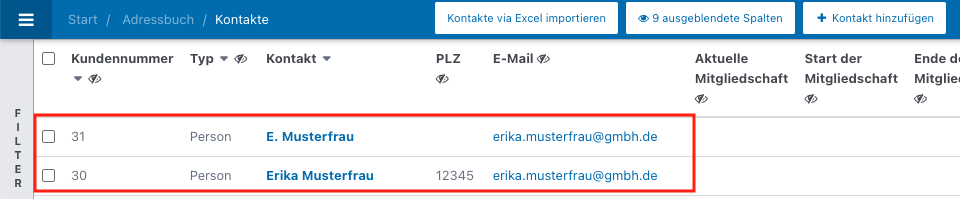 Screenshot aus der Software: geöffnetes Adressbuch.