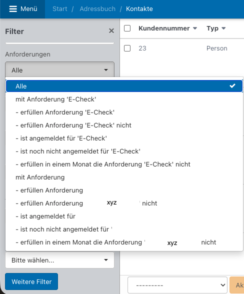 Screenshot aus der Software: geöffnetes Adressbuch mit ausgeklappten Filter für Anforderungen.