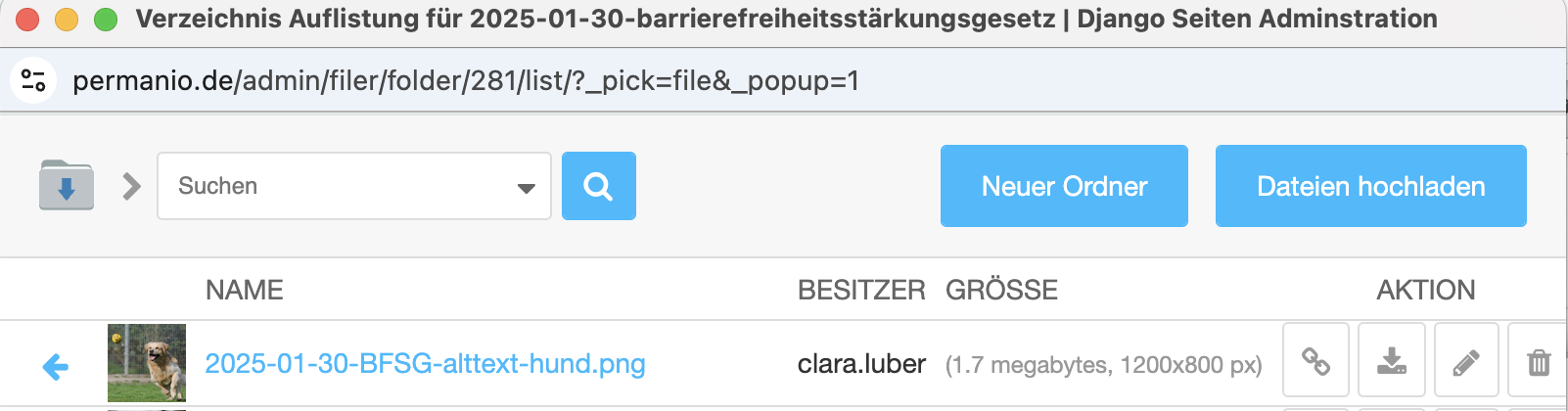 Datei-Manager in Django CMS mit einer Bilddatei und Optionen zum Hochladen, Bearbeiten und Verwalten.