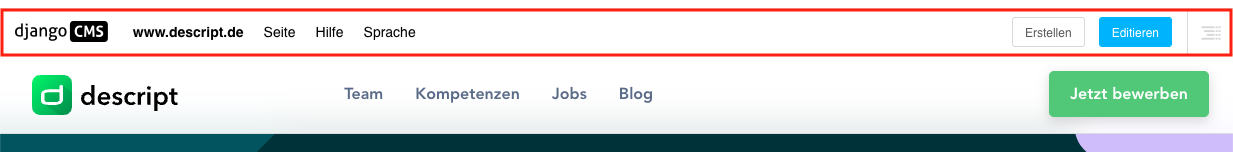 Screenshot der CMS-Steuerleiste vom Django-CMS.