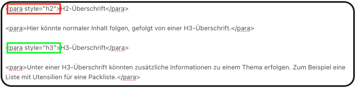 Screenshot der RML-Anweisung für Überschriften.