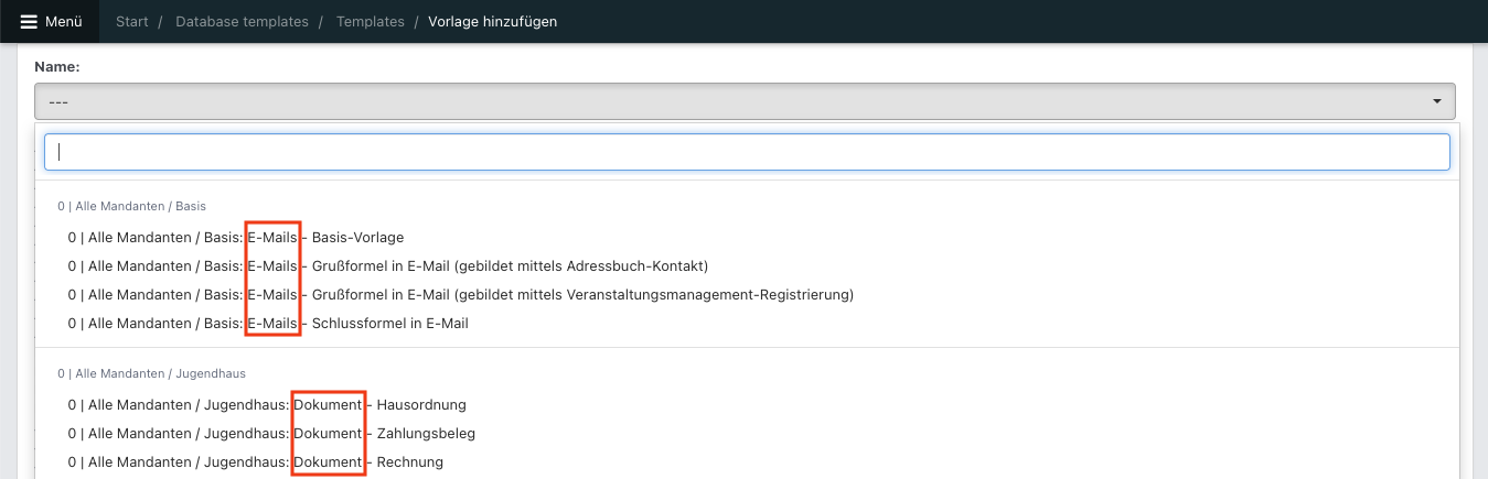 Screenshot aus Noahworks, zu sehen das Dropdown für die Auswahl eines DB-Templates mit rot markierten Kategorien.