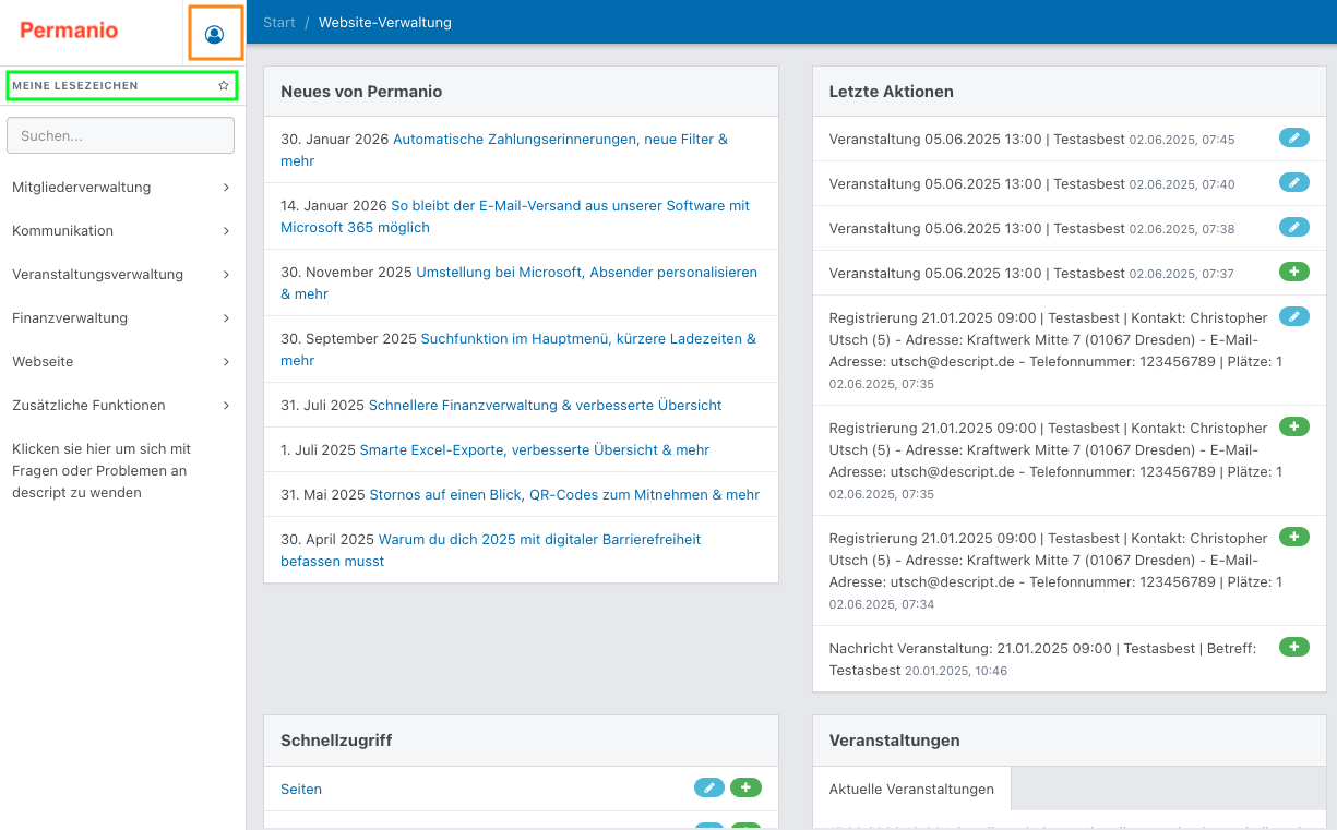 Startseite der Software mit Navigation links sowie Bereichen „Neues von Permanio“ und „Letzte Aktionen“.