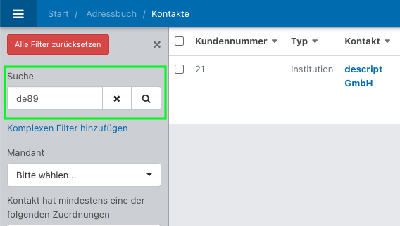 Screenshot aus der Software: geöffnete Mitgliederübersicht mit aktivierten Filter.