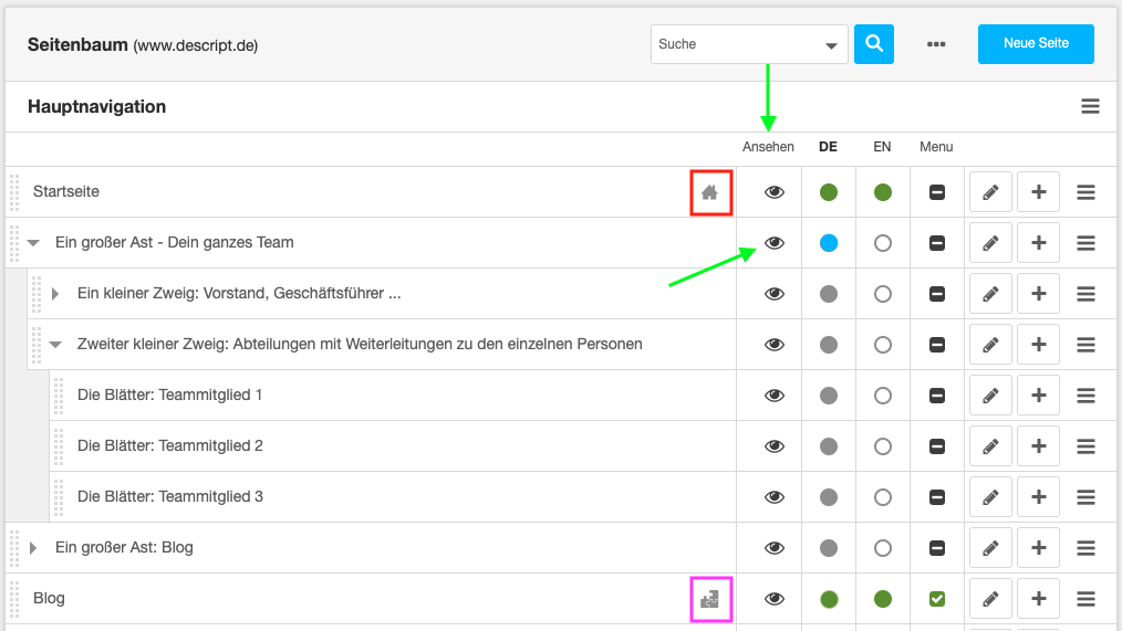 Seitenbaum im django CMS. Farbige Markierungen zeigen die Symbole für Startseite, Seitenvorschau und Seitentyp.