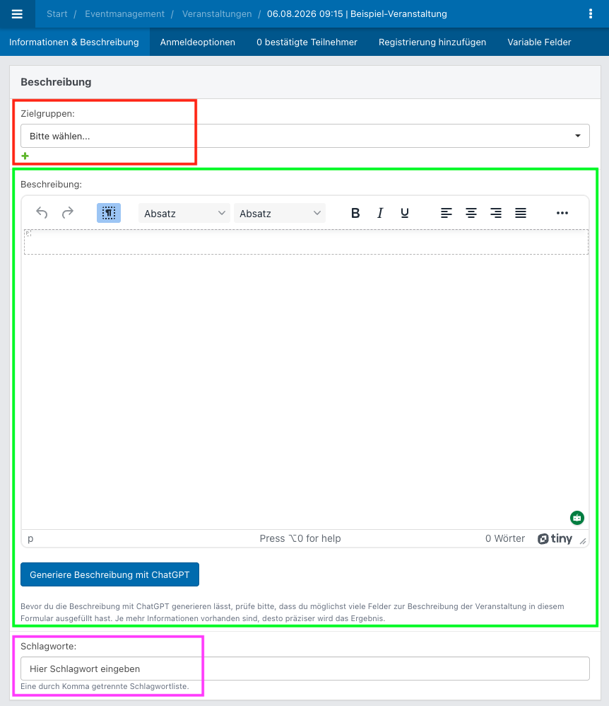Screenshot aus der Software: geöffnete Veranstaltung im Tab "Informationen & Beschreibung" im Bereich "Beschreibung".
