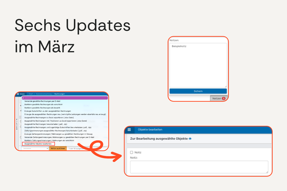 Beiger Hintergrund, darauf drei Bilder der aktuellen Software-Updates.