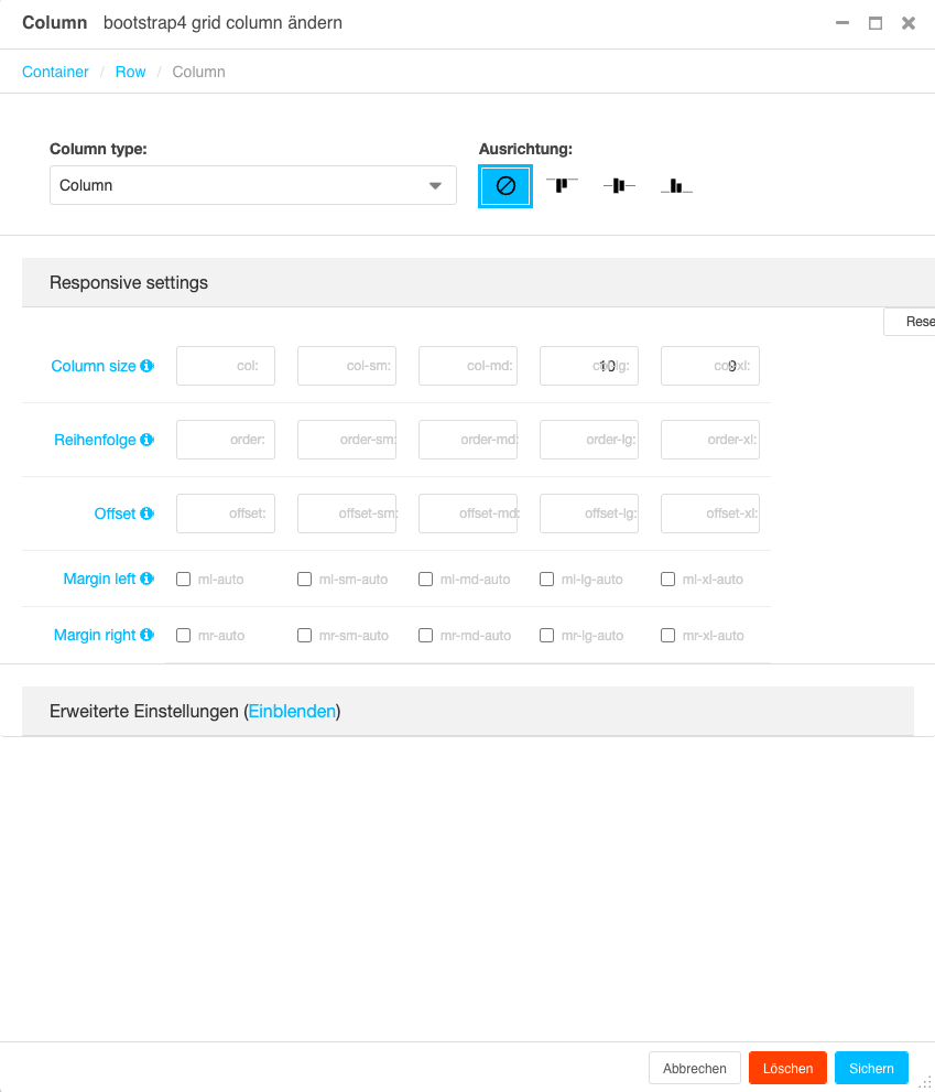Ein Screenshot eines Einstellungsdialogs zur Bearbeitung einer Column (Spalte).