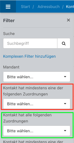Screenshot der Filter im Adressbuch.