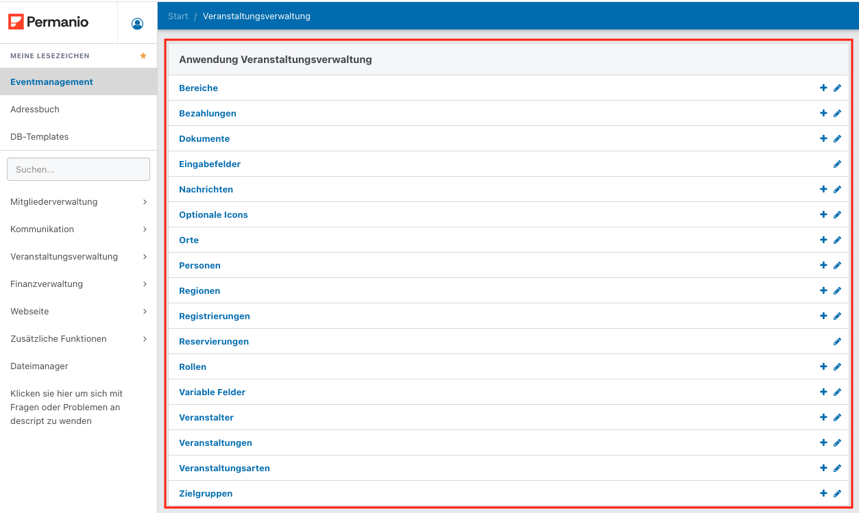 Screenshot der Übersichtsseite vom Eventmanagement in Permanio.