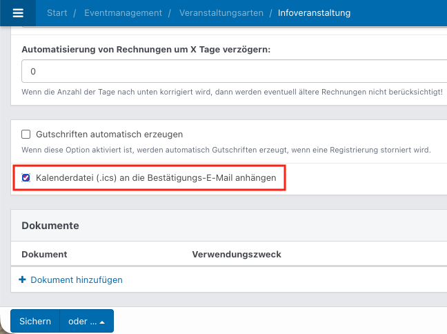 Screenshot aus der Software: geöffnete Veranstaltungsart.