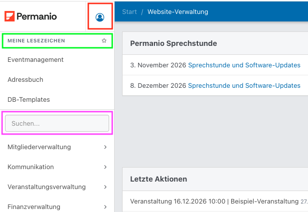 Screenshot des Navigationsmenü auf der Permanio-Startseite.