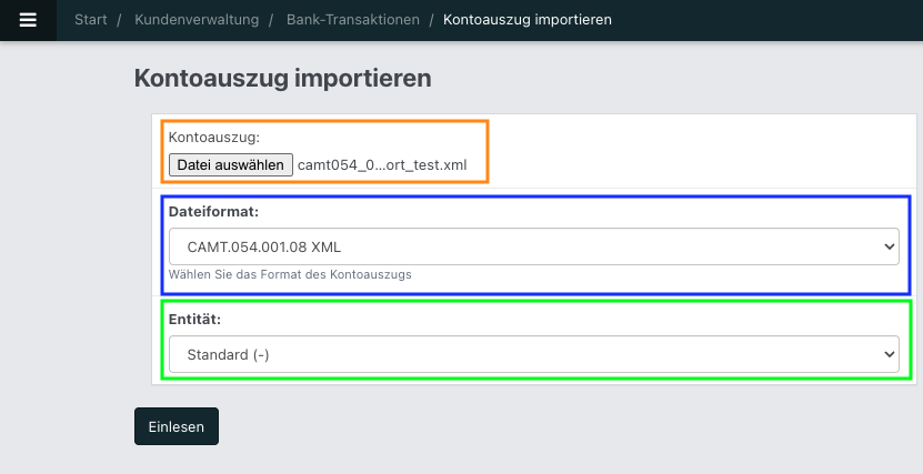 Screenshot des Fenster für das Importieren eines Kontoauszuges.