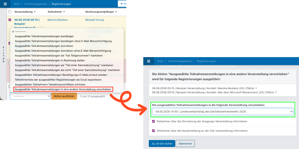 2 Screenshot aus der Software: die geöffnete Registrierungsliste sowie die auszuführende Aktion.