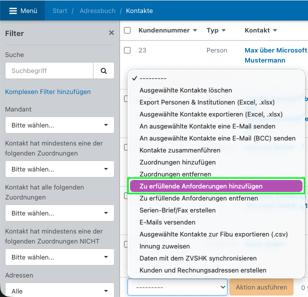 Screenshot aus der Software: Adressbuch mit geöffneten Massenaktionen.