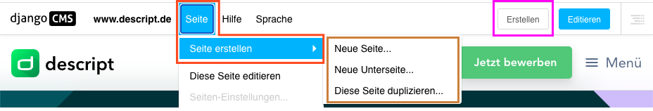 Screenshot: Geöffnetes Menü „Seite“ im django CMS mit dem Untermenü „Seite erstellen“. Zur Auswahl stehen „Neue Seite“, „Neue Unterseite“ und „Diese Seite duplizieren“.