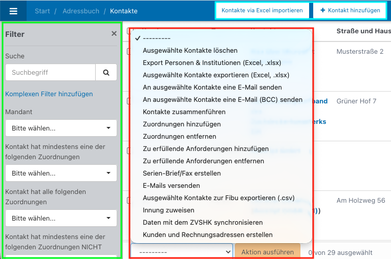Screenshot aus der Software: geöffnetes Adressbuch.