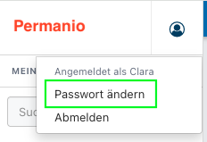 Benutzer-Menü mit den Optionen „Passwort ändern“ und „Abmelden“. Markiert ist „Passwort ändern“.