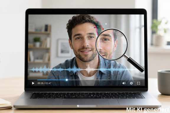 KI-generiertes Bild: Ein geöffneter Laptop, darauf läuft ein Video eines Mannes, der spricht. Rechts vom Gesicht befindet sich eine Lupe, die einen Bildabschnitt vergrößert.