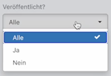 Screenshot aus der Website-Administration der Bannerübersicht mit aufgeklappten Filter "Veröffentlicht".
