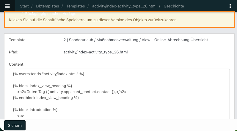 Screenshot eines DB-Templates.
