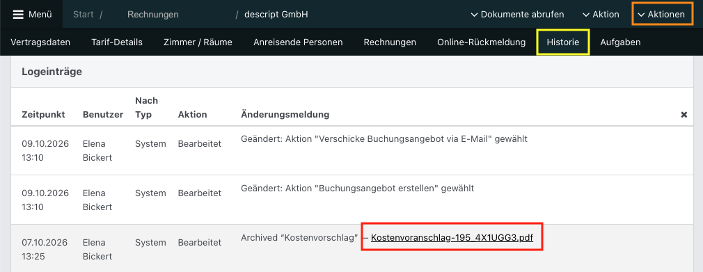 historie mit Logeinträgen zu Buchungsangeboten und einem archivierten Kostenvoranschlag. Der Reiter „Historie“, das Menü „Aktionen“ und der PDF-Link sind farbig umrahmt.
