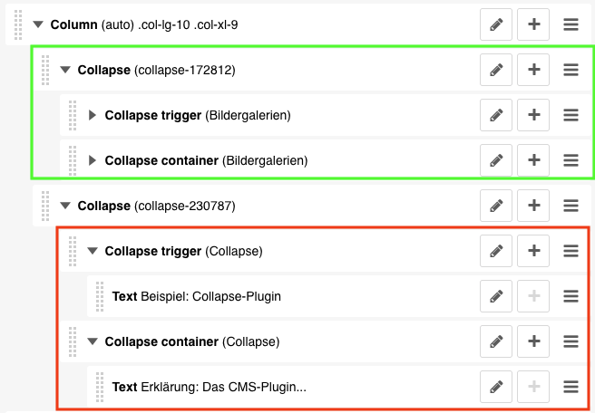 Screenshot von zwei Collapsen und ihren untergeordneten Plugins.