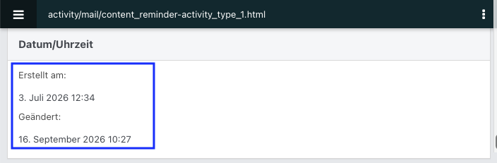 Screenshot eines geöffneten DB-Templates im Bereich Datum/Uhrzeit.