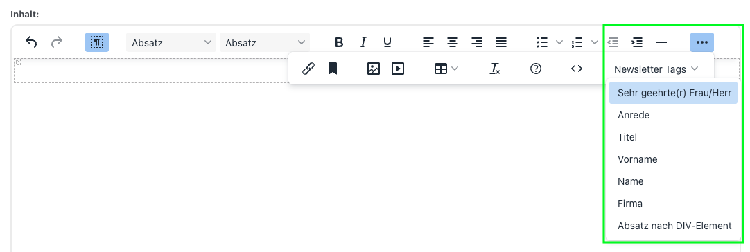 Screenshot aus der Software: geöffnete Newsletter-Tags der Kommandozeile.