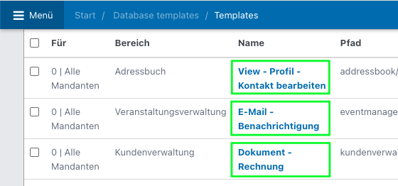 Screenshot aus Noahworks: Übersicht über Vorlagen mit 3 Arten.