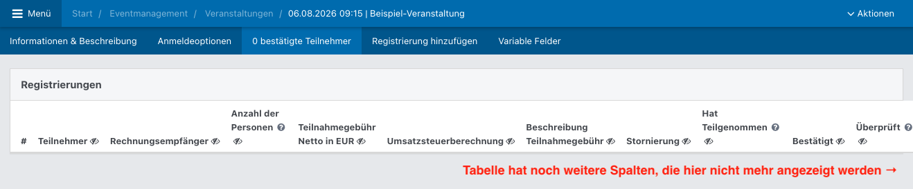 Screenshot aus der Software: Tab "bestätigte Teilnehmer".
