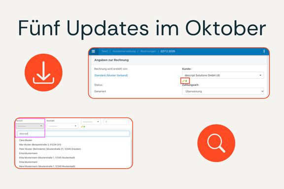 Grafik „Fünf Updates im Oktober“ mit Bildschirmansichten der Rechnungsdetails und Historie sowie Download- und Lupensymbol auf beigem Hintergrund.