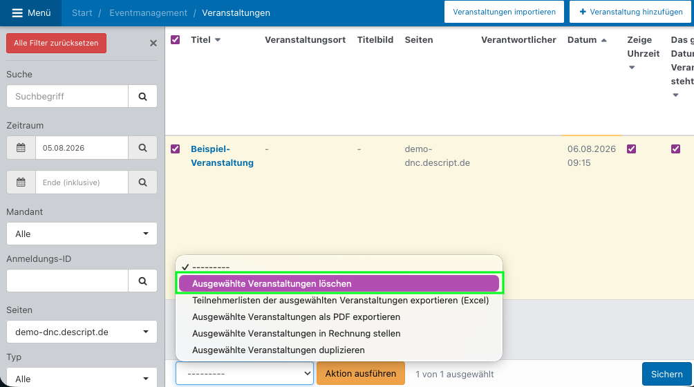 Screenshot aus der Software: geöffnete Massenaktionen, um Event zu löschen.