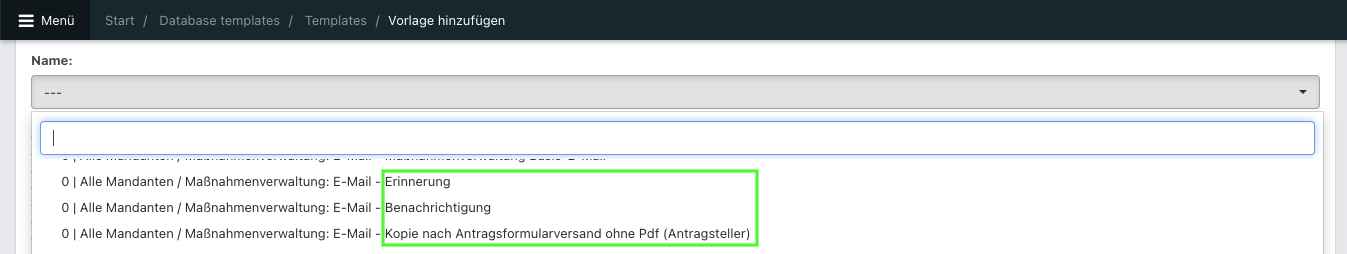 Screenshot aus Noahworks, zu sehen das Dropdown für die Auswahl eines DB-Templates mit grün markierten Bezeichnungen.