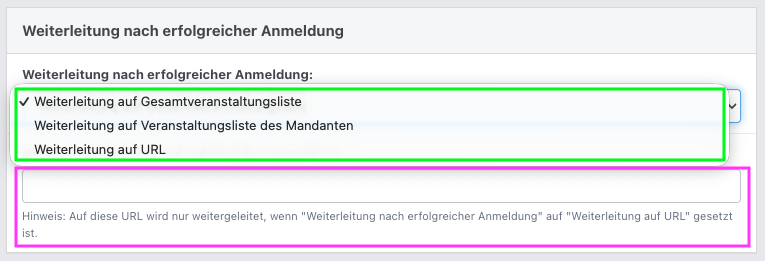 Screenshot einer Veranstaltungsart im Abschnitt "Weiterleitung nach erfolgreicher Anmeldung" mit geöffnetem Dropdown-Menü.