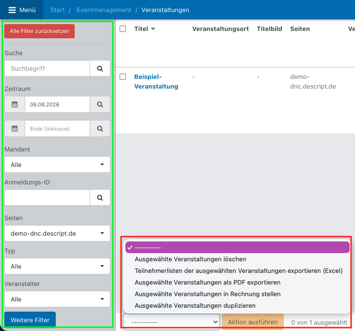Screenshot der Veranstaltungsübersicht.
