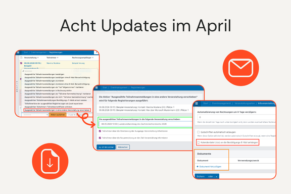 Beiger Hintergrund, darauf drei Bilder der aktuellen Software-Updates.