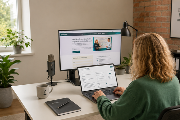 Clara sitzend vor einem Computer, darauf zu sehen die geöffnete Bearbeitungsansicht eines Custom-GPTs.