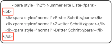 Screenshot der RML-Anweisung einer nummerierten Liste.
