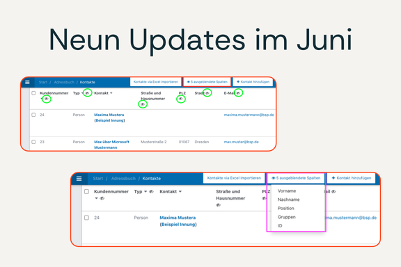 Beiger Hintergrund, darauf steht "9 Updates im Juni". Darunter zwei Screenshots der Updates im Adressbuch.
