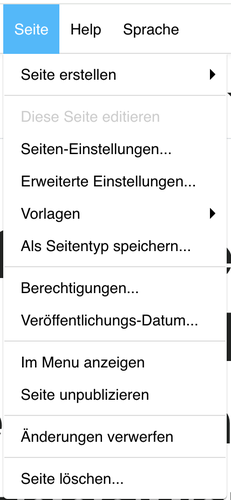 Screenshot des ausgeklappten Menüpunktes "Seite"